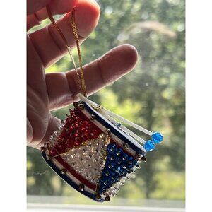 Vtg NEW Handmade DRUM Blue Whi&Faux Pearl Push Pin Beaded Christmas Ornament